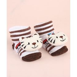 Cute Walk by Babyhug Ankle Length Socks Shoes With Tiger Applique Stripes & Vehicles Design- Brown
