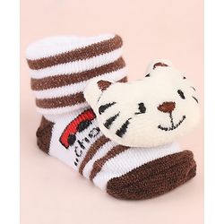 Cute Walk by Babyhug Ankle Length Socks Shoes With Tiger Applique Stripes & Vehicles Design- Brown