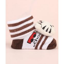 Cute Walk by Babyhug Ankle Length Socks Shoes With Tiger Applique Stripes & Vehicles Design- Brown