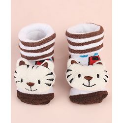 Cute Walk by Babyhug Ankle Length Socks Shoes With Tiger Applique Stripes & Vehicles Design- Brown