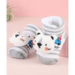 Cute Walk by Babyhug Ankle Length Socks Shoes With Animal Applique & Stripes & Vehicles Design - Grey