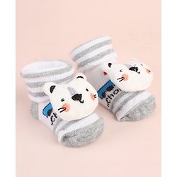 Cute Walk by Babyhug Ankle Length Socks Shoes With Animal Applique & Stripes & Vehicles Design - Grey