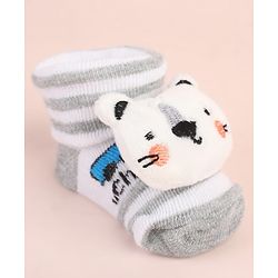 Cute Walk by Babyhug Ankle Length Socks Shoes With Animal Applique & Stripes & Vehicles Design - Grey