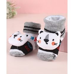 Cute Walk by Babyhug Ankle Length Socks Shoes With Animal Applique & Stripes - Grey