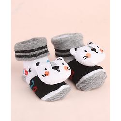Cute Walk by Babyhug Ankle Length Socks Shoes With Animal Applique & Stripes - Grey