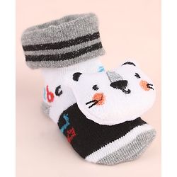 Cute Walk by Babyhug Ankle Length Socks Shoes With Animal Applique & Stripes - Grey