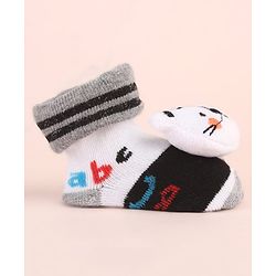 Cute Walk by Babyhug Ankle Length Socks Shoes With Animal Applique & Stripes - Grey