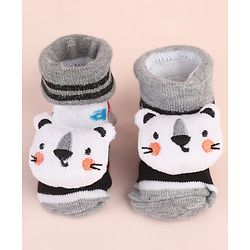 Cute Walk by Babyhug Ankle Length Socks Shoes With Animal Applique & Stripes - Grey