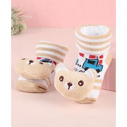Cute Walk by Babyhug Ankle Length Socks Shoes With Animal Applique & Stripes - Cream