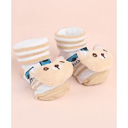 Cute Walk by Babyhug Ankle Length Socks Shoes With Animal Applique & Stripes - Cream