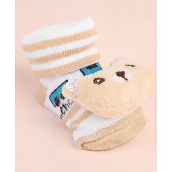 Cute Walk by Babyhug Ankle Length Socks Shoes With Animal Applique & Stripes - Cream
