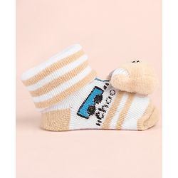 Cute Walk by Babyhug Ankle Length Socks Shoes With Animal Applique & Stripes - Cream