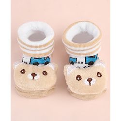 Cute Walk by Babyhug Ankle Length Socks Shoes With Animal Applique & Stripes - Cream