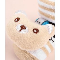 Cute Walk by Babyhug Ankle Length Socks Shoes With Animal Applique & Stripes - Cream