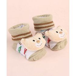 Cute Walk by Babyhug Ankle Length Socks Shoes With Animal Applique & Stripes - Cream