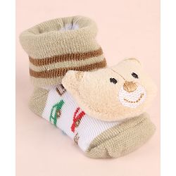 Cute Walk by Babyhug Ankle Length Socks Shoes With Animal Applique & Stripes - Cream