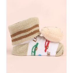 Cute Walk by Babyhug Ankle Length Socks Shoes With Animal Applique & Stripes - Cream