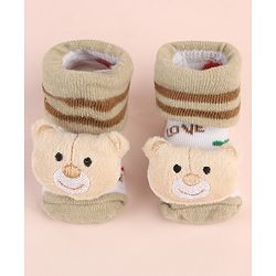 Cute Walk by Babyhug Ankle Length Socks Shoes With Animal Applique & Stripes - Cream
