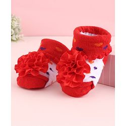Cute Walk by Babyhug Fabric Socks Shoes With Large Floral Applique - Red
