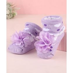 Cute Walk by Babyhug Ankle Length Socks Shoes With Floral Applique & Hearts Design - Purple