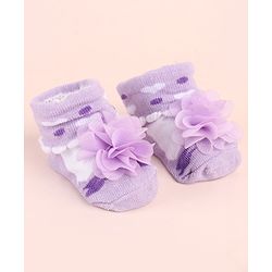 Cute Walk by Babyhug Ankle Length Socks Shoes With Floral Applique & Hearts Design - Purple
