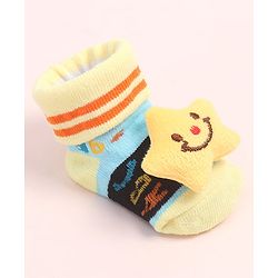 Cute Walk by Babyhug Fabric Ankle Length Socks Shoes with Alphabet Design & Star Applique- Yellow & Black