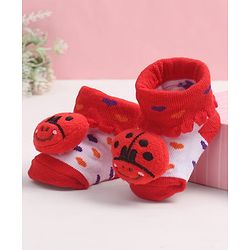 Cute Walk by Babyhug Fabric Ankle Length Socks Shoes with Heart Design & Ladybug Applique- Red & White