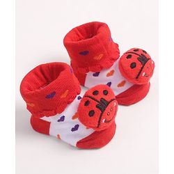 Cute Walk by Babyhug Fabric Ankle Length Socks Shoes with Heart Design & Ladybug Applique- Red & White