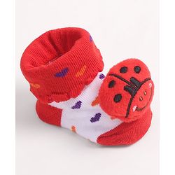 Cute Walk by Babyhug Fabric Ankle Length Socks Shoes with Heart Design & Ladybug Applique- Red & White