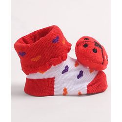 Cute Walk by Babyhug Fabric Ankle Length Socks Shoes with Heart Design & Ladybug Applique- Red & White