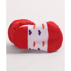 Cute Walk by Babyhug Fabric Ankle Length Socks Shoes with Heart Design & Ladybug Applique- Red & White