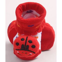 Cute Walk by Babyhug Fabric Ankle Length Socks Shoes with Heart Design & Ladybug Applique- Red & White