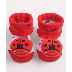 Cute Walk by Babyhug Fabric Ankle Length Socks Shoes with Heart Design & Ladybug Applique- Red & White