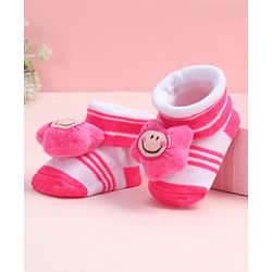 Cute Walk by Babyhug Fabric Ankle Length Socks Shoes with Striped Design & Floral Applique- Pink