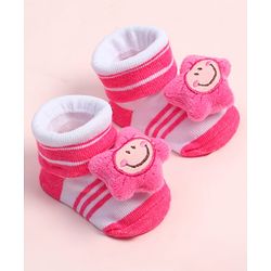 Cute Walk by Babyhug Fabric Ankle Length Socks Shoes with Striped Design & Floral Applique- Pink