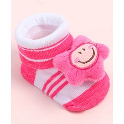 Cute Walk by Babyhug Fabric Ankle Length Socks Shoes with Striped Design & Floral Applique- Pink