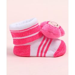 Cute Walk by Babyhug Fabric Ankle Length Socks Shoes with Striped Design & Floral Applique- Pink