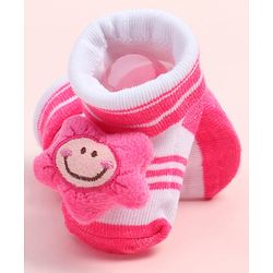 Cute Walk by Babyhug Fabric Ankle Length Socks Shoes with Striped Design & Floral Applique- Pink
