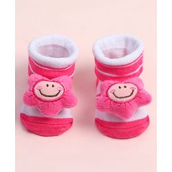 Cute Walk by Babyhug Fabric Ankle Length Socks Shoes with Striped Design & Floral Applique- Pink