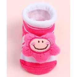 Cute Walk by Babyhug Fabric Ankle Length Socks Shoes with Striped Design & Floral Applique- Pink
