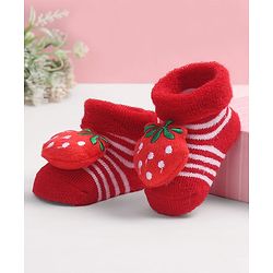 Cute Walk by Babyhug Fabric Ankle Length Socks Shoes with Striped Design & Strawberry Applique- Red