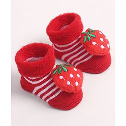 Cute Walk by Babyhug Fabric Ankle Length Socks Shoes with Striped Design & Strawberry Applique- Red