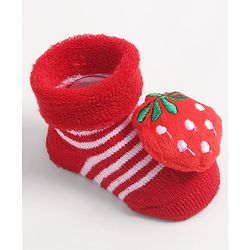 Cute Walk by Babyhug Fabric Ankle Length Socks Shoes with Striped Design & Strawberry Applique- Red