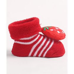Cute Walk by Babyhug Fabric Ankle Length Socks Shoes with Striped Design & Strawberry Applique- Red