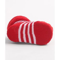 Cute Walk by Babyhug Fabric Ankle Length Socks Shoes with Striped Design & Strawberry Applique- Red