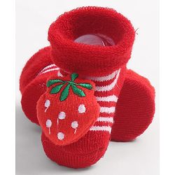 Cute Walk by Babyhug Fabric Ankle Length Socks Shoes with Striped Design & Strawberry Applique- Red