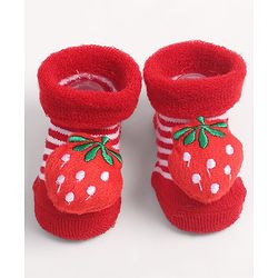 Cute Walk by Babyhug Fabric Ankle Length Socks Shoes with Striped Design & Strawberry Applique- Red