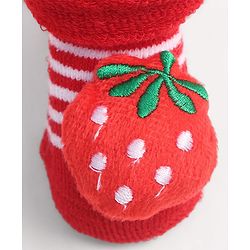 Cute Walk by Babyhug Fabric Ankle Length Socks Shoes with Striped Design & Strawberry Applique- Red