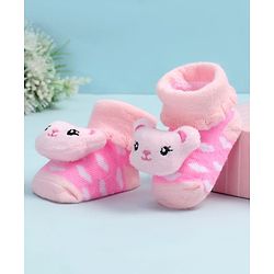 Cute Walk by Babyhug Fabric Ankle Length Socks Shoes with Heart Design & Bear Applique- Pink
