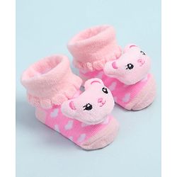 Cute Walk by Babyhug Fabric Ankle Length Socks Shoes with Heart Design & Bear Applique- Pink